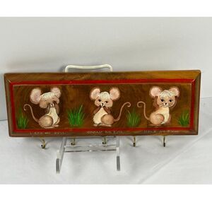 VTG Wood Wall Key Rack, Hand Painted 3 Wise Mice See Hear Speak No Evil